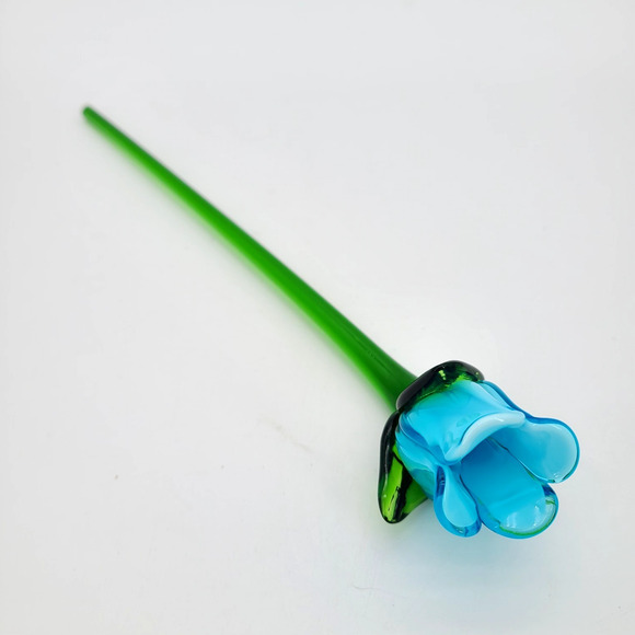 Unmarked Other - Vintage Blown Art Glass Long 12" Green Stemmed Blue Rose Bud Decorative Flower
